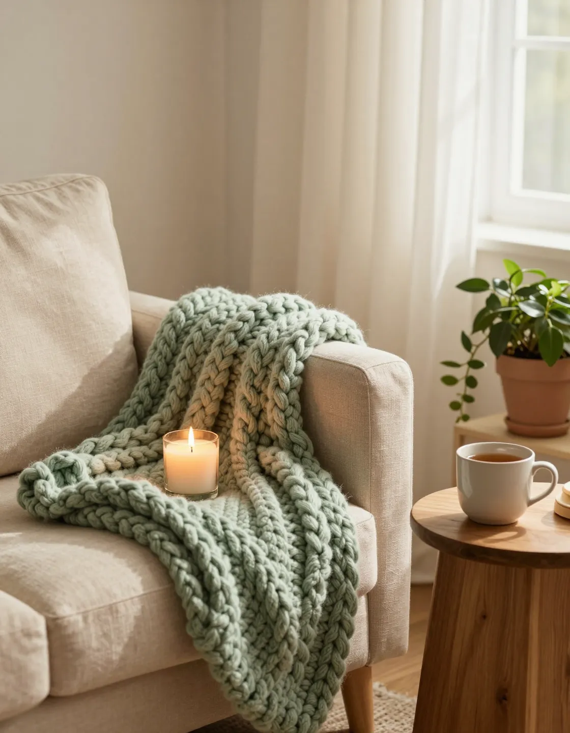 A cosy styled living-room corner with a sage knit blanket, lit candle and a mug of tea by the window