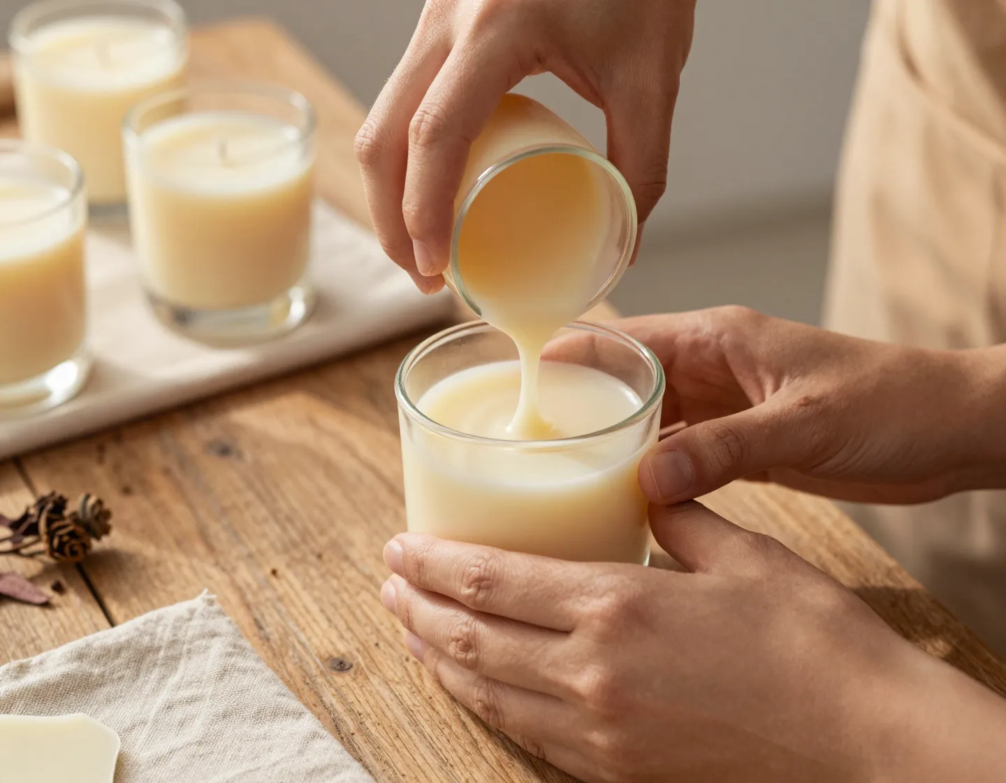 A maker hand-pouring melted soy wax into a glass candle vessel
